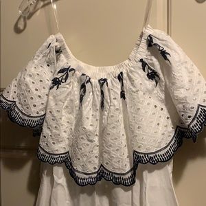 Off the shoulder white and blue floral dress